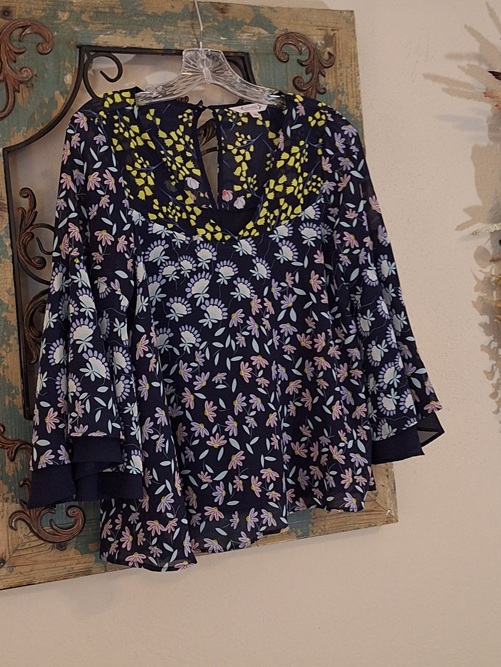 Nanette Lepore Navy Floral Bell-Sleeve Blouse with Yellow Yoke